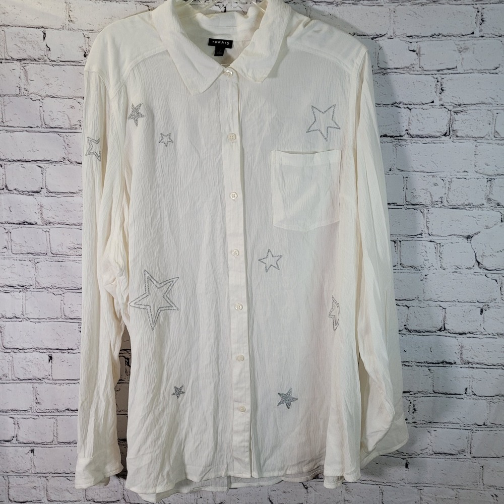 Torrid Shirt Women Size 3 Ivory Top Long Sleeve Lightweight Silver Metallic Star